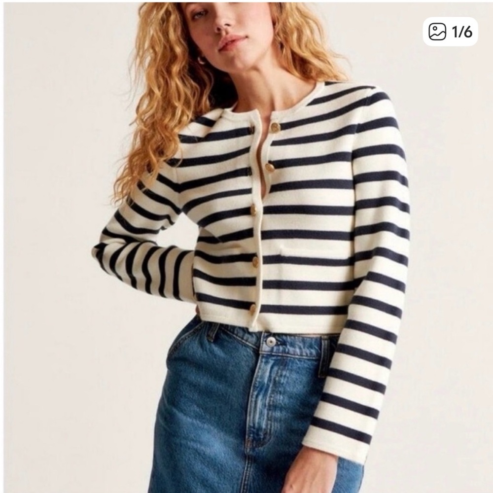 Abercrombie LuxeLoft Crew Sweater Jacket, Navy/Gray Stripe, XS